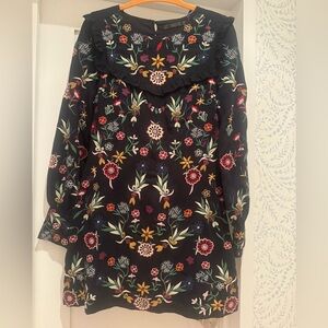 Zara Trafaluc Black Embroidered Floral Mini Dress